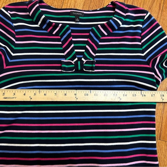 Talbots Bow Stripe Knit Dress V Neck Bow Colorful A Line Short Sleeve Size L - Picture 3 of 9